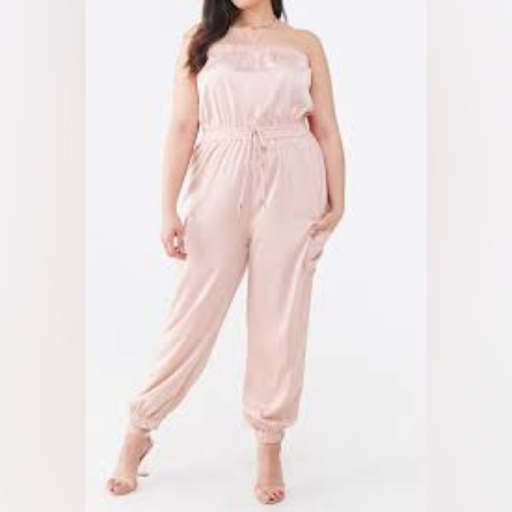 Forever 21+ Plus Stain Blush Dusty Pink Jumpsuit Strapless Pockets New Size 1X